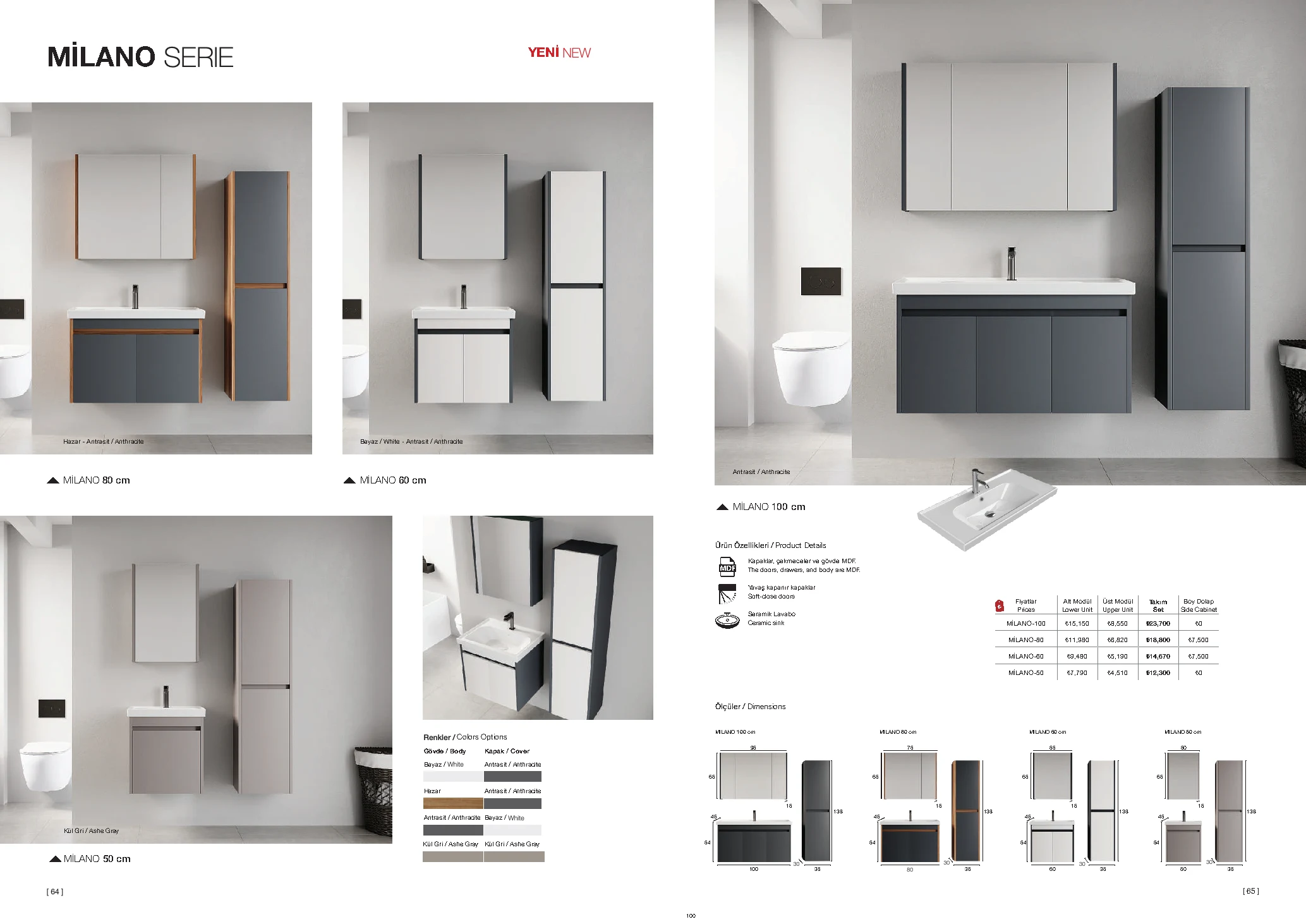 Milano ölçü, renk ve katalog fiyat tablosu
